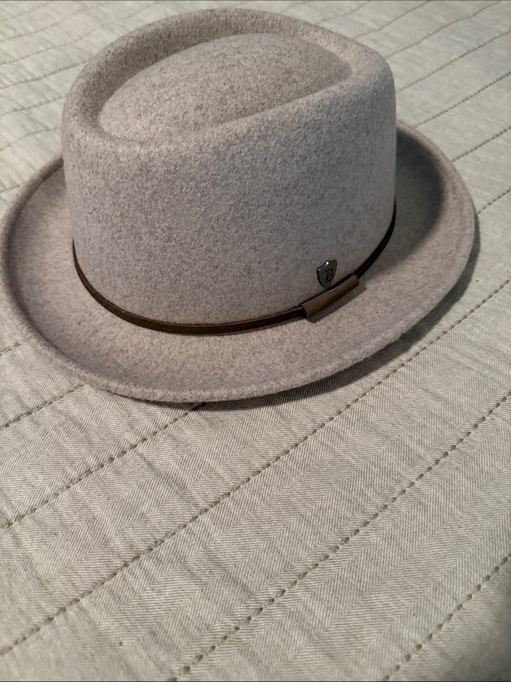Light Gray Wool Felt Fedora with Brown Leather Band